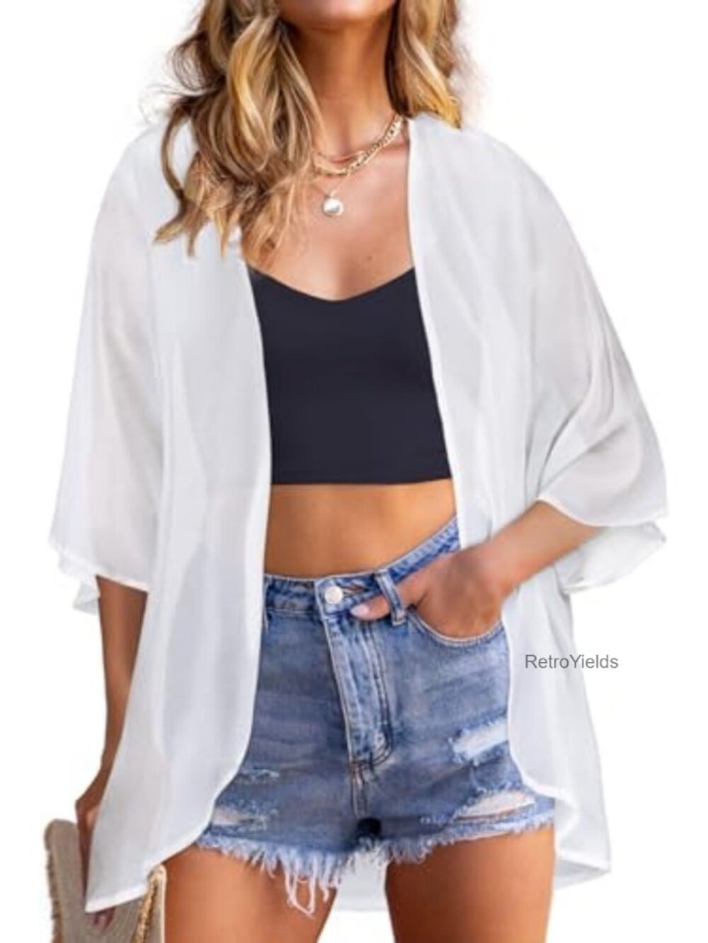 Chiffon Kimono Cardigan Sheer Swim Cover-Up 3/4 Sleeve Floral Print